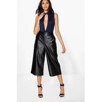 Leather Look Wide Leg Culottes - black