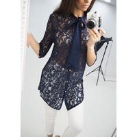 Lena Navy lace tie neck blouse