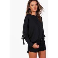 Lea Eyelet & Tie Sleeve Sweatshirt - black