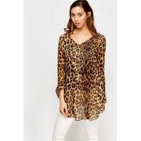 Leopard Print Embellished Sheer Top