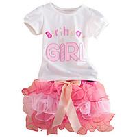 Little Girls Happy Birthday Embroidery T-shirt Cake Layered Skirt