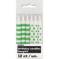 Lime Green Polka Dot And Striped Birthday Candles, Pack Of 12