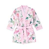 little girl silky kimono robe pink floral with pink trim