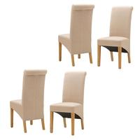 Light Oak Set of 4 Cream Linen Rollback Dining Chairs