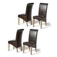 Light Oak Rollback Brown Leather Dining Chairs Set of 4