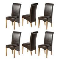 Light Oak Rollback Brown Leather Dining Chairs Set of 6