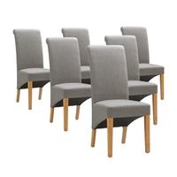 Light Oak Set of 6 Grey Linen Rollback Dining Chairs