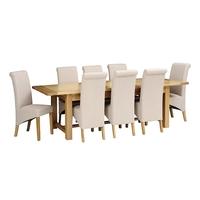 light oak 220 265 310cm ext table and 8 linen rollback chairs