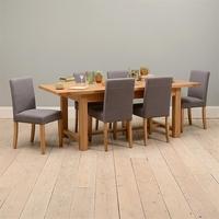 light oak 180 220 260cm ext table and 6 grey chairs