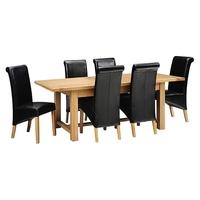 Light Oak 180-220-260cm Ext. Table and 6 Black Rollback Chairs