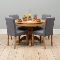 Light Oak 110-145cm Ext. Round Table and 4 Grey Chairs