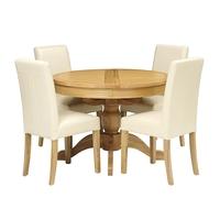 light oak 110 145cm ext round table and 4 cream straightback chairs