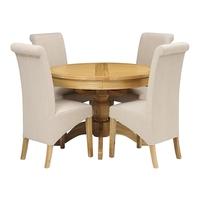 Light Oak 110-145cm Ext. Round Table and 4 Linen Rollback Chairs