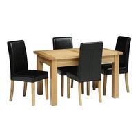 light oak 132 162 192cm table and 4 black straightback chairs