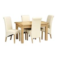 light oak 132 162 192cm table and 4 cream rollback chairs