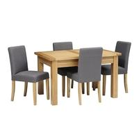 light oak 132 162 192cm ext table and 4 grey chairs