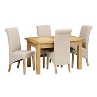 light oak 132 162 192cm ext table and 4 linen rollback chairs