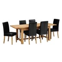 light oak 180 220 260cm ext table and 6 black straightback chairs