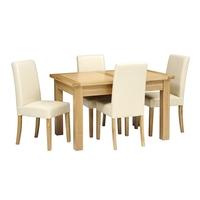 light oak 132 162 192cm table and 4 cream straightback chairs