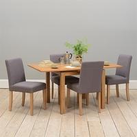 light oak 90 155cm ext table and 4 grey chairs