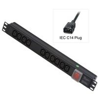 LINDY 1U 10 Way Horizontal Mount PDU IEC C14 Male to 10 x IEC Mains Sockets - Switched 3m