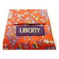 Liberty Pillar Box Red and Lilac and Blue Countryside Scene Printed Designer Silk Tie
