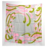 Liberty Vintage Circa 1970\'s Light Grey Lime Green And Ballerina Pink Silk Scarf With Rolled Edges