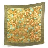 Liberty Vintage Pickle Green, Two Tonal Gold And Sky Blue Decorative Graphic Floral Silk Scarf