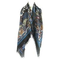 Liberty Size L Indigo Blue, Black And Maroon Red Bold Paisley And Floral Print Wool Scarf With Frayed Edge Detail