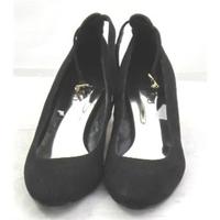 Limited Edition, size 3 black faux suede ankle strapped pumps with gold block heel
