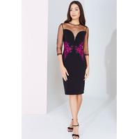 Little Mistress Floral Embroidered Bodycon Dress with Long Sleeves in Black