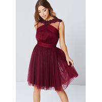 little mistress lace and mesh prom dress in maroon