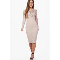 Lizzy Lace Panel Long Sleeve Bodycon Dress - stone