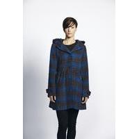 Liquorish Blue Check Button Up Coat With Fur Rim Hood