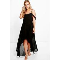 Liz Chiffon Frill Open Shoulder Dress - black