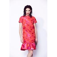 Liquorish Orange And Pink Rose Jaquard Dress