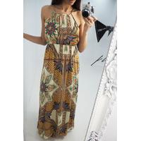 Lillie Mustard Printed Keyhole Maxi Dress