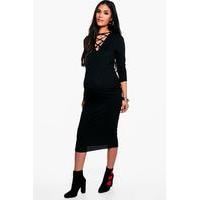 lily lace up ribbed midi dress black