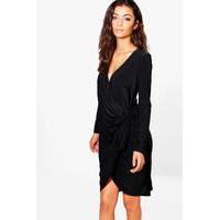 lise drape wrap front long sleeved dress black