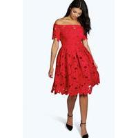 Lisa Off Shoulder Lace Skater Dress - red