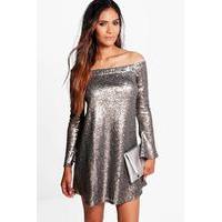 Li Sequin Off Shoulder Shift Dress - grey