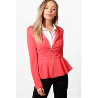 Lined Zip Up Peplum Blazer - coral