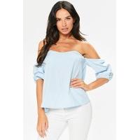 Lindsey Blue Ruffle Sleeved Bardot Top