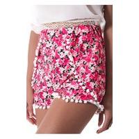 limited edition red daisy pom pom shorts