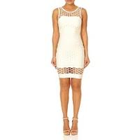 libra ivory bandage bodycon dress with sheer neckline