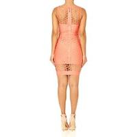 LIBRA - Coral bandage bodycon dress with sheer neckline