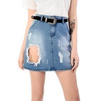 Light Blue Wash Distressed Mini Skirt - Size: Size 8