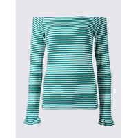 Limited Edition Cotton Blend Striped Long Sleeve Bardot Top