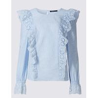 Limited Edition Pure Cotton Frill Detail Long Sleeve Blouse