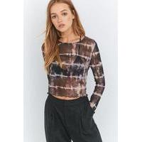 Light Before Dark Black Tie-Dye Mesh Lettuce Edge Crop Top, BLACK